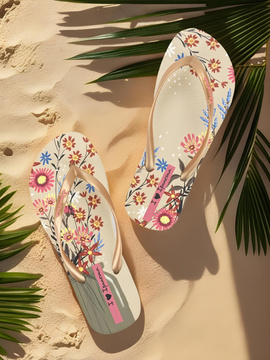 Japonki damskie Verao Tropic złoto-beżowo-wielokolorowe